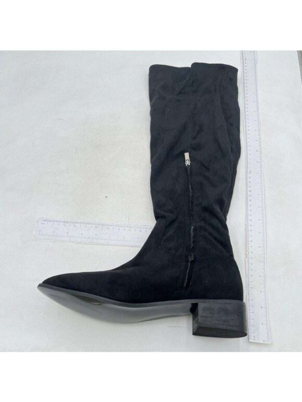 Black Women Sexy Round toe Stretch Faux Suede Low Heel Stitching Thigh High Boot